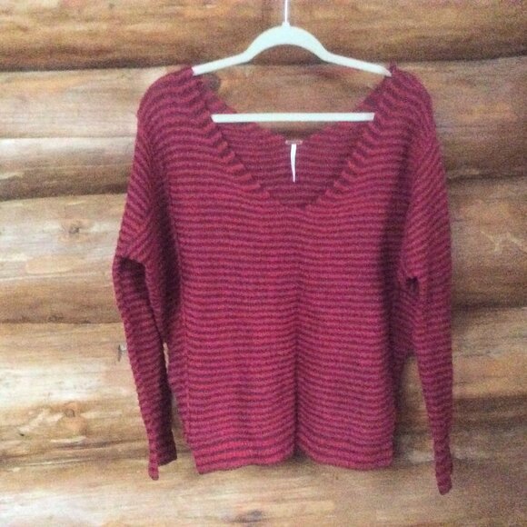 Free People Wool/Linen+ Blend Red & Black Striped Oversized Sweater Size Small - Picture 1 of 4